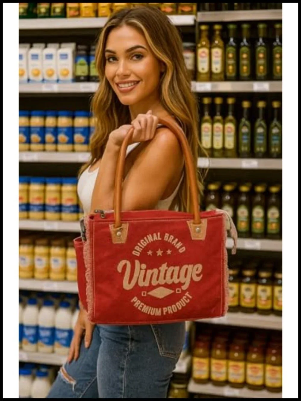 Canvas Tote Bag with Leather Handles, Shoulder Bag, Travel & Everyday Use